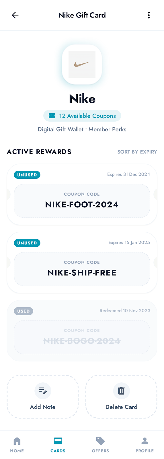 Rewally app showing loyalty card list with balances and expiry dates